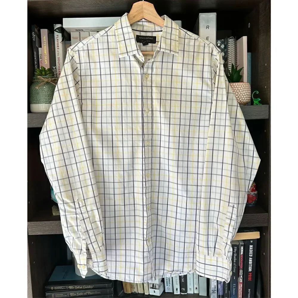 🐿️ Banana Republic White Yellow Blue Plaid Button Front Top SM 14-14.5” 32-33”